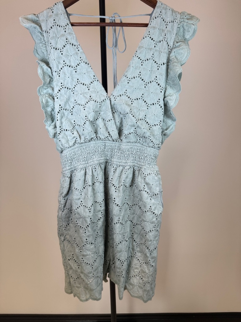 MACARON Sage Eyelet One-Piece Romper with Ruffled Sleeves. Size M